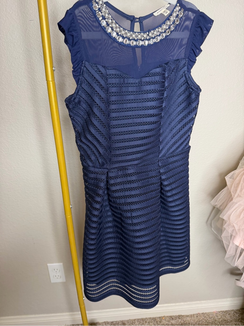 Navy Embellished Neck Fit-and-Flare Dress